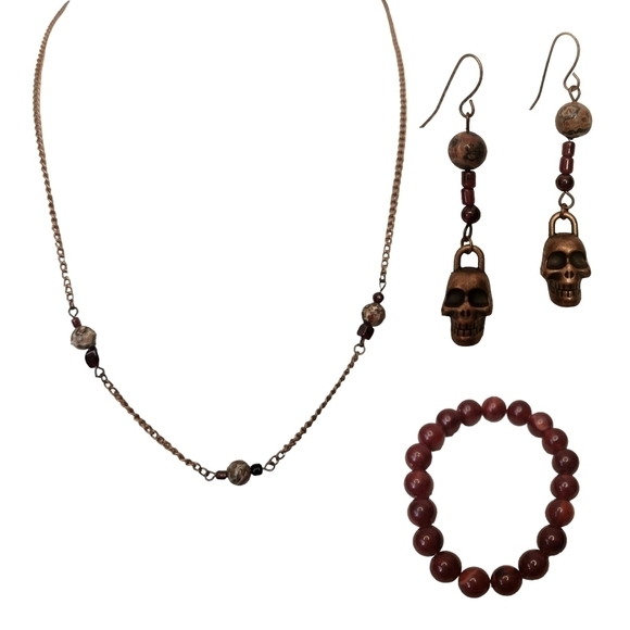Bronze Skull Earring, Necklace and Bracelet Set - Picture 1 of 5